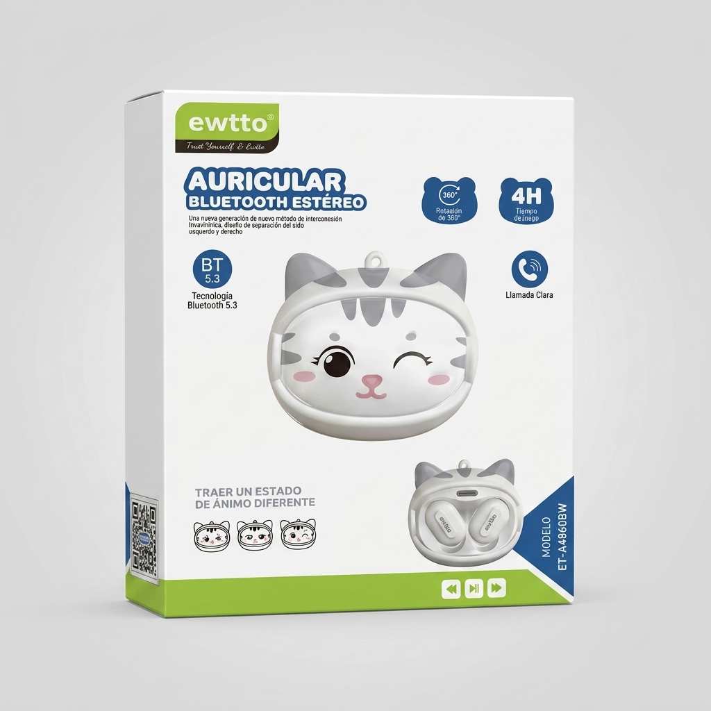 Caja de audífonos EWTTO Bluetooth 5.3 con diseño de gato, modelo ET-A4860BW
